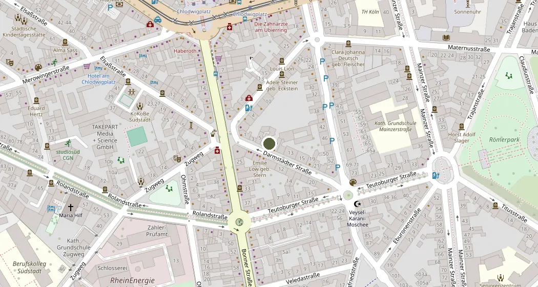 Stadtplan der Südstadt mit Markierung an der Darmstädter Straße 7, nahe dem Chlodwigplatz